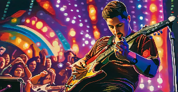 A musician passionately playing an electric guitar on stage with colorful lights, capturing the audience's attention.