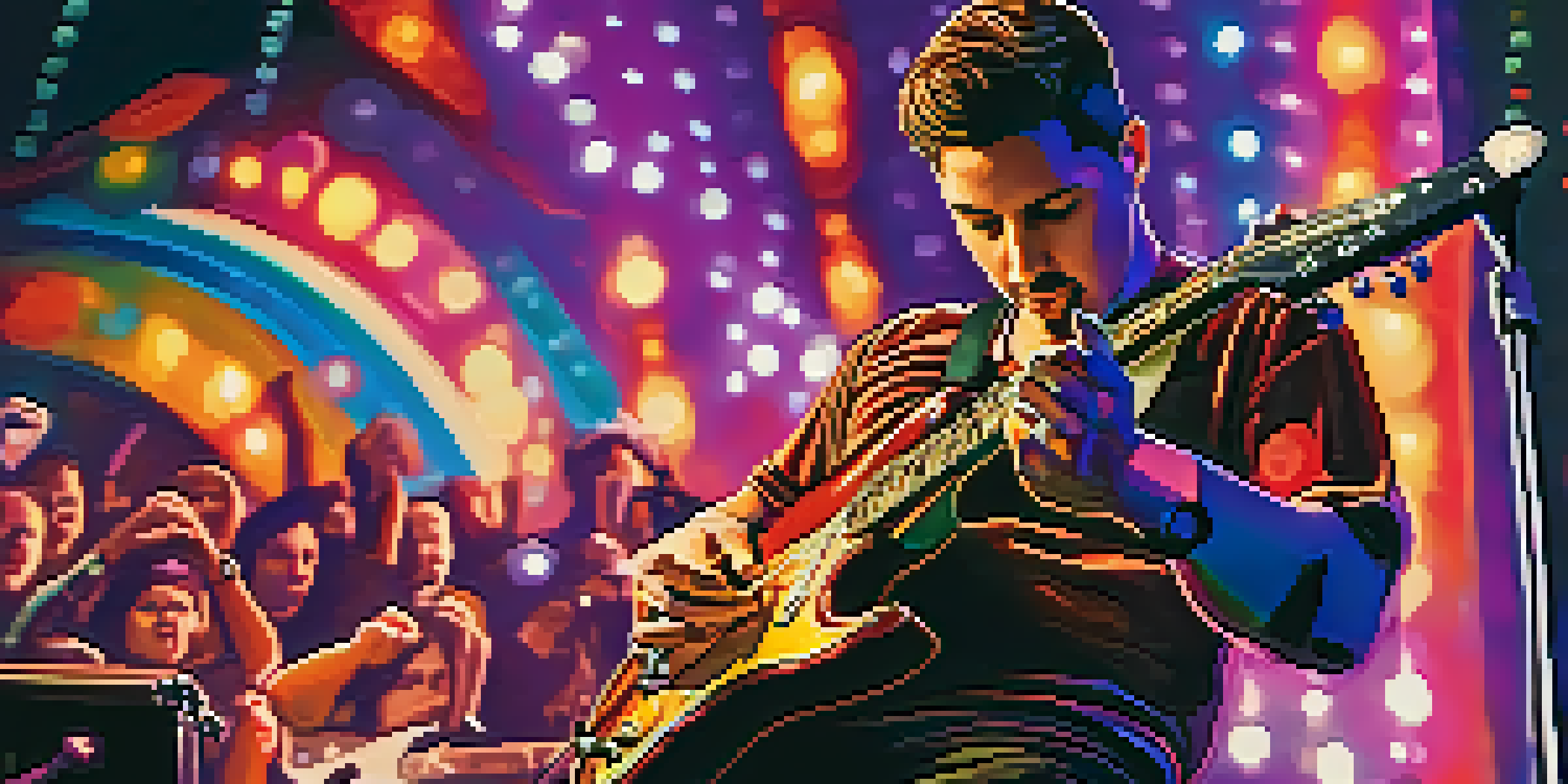 A musician passionately playing an electric guitar on stage with colorful lights, capturing the audience's attention.