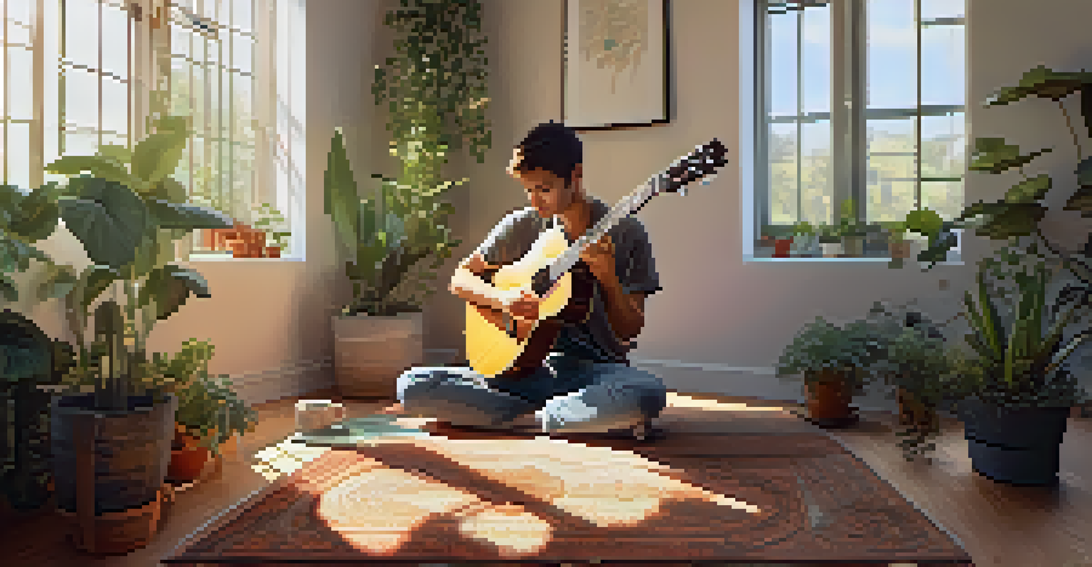 A guitarist sitting cross-legged on a carpet, holding a guitar and looking at a tablet with guitar tabs, surrounded by houseplants and sunlight streaming through a window.