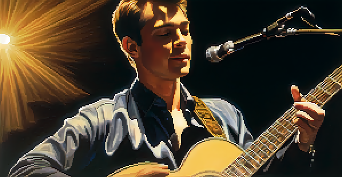 A guitarist on stage with a vintage acoustic guitar, illuminated by a spotlight, looking focused and calm, with a smile, while the audience watches in the background.