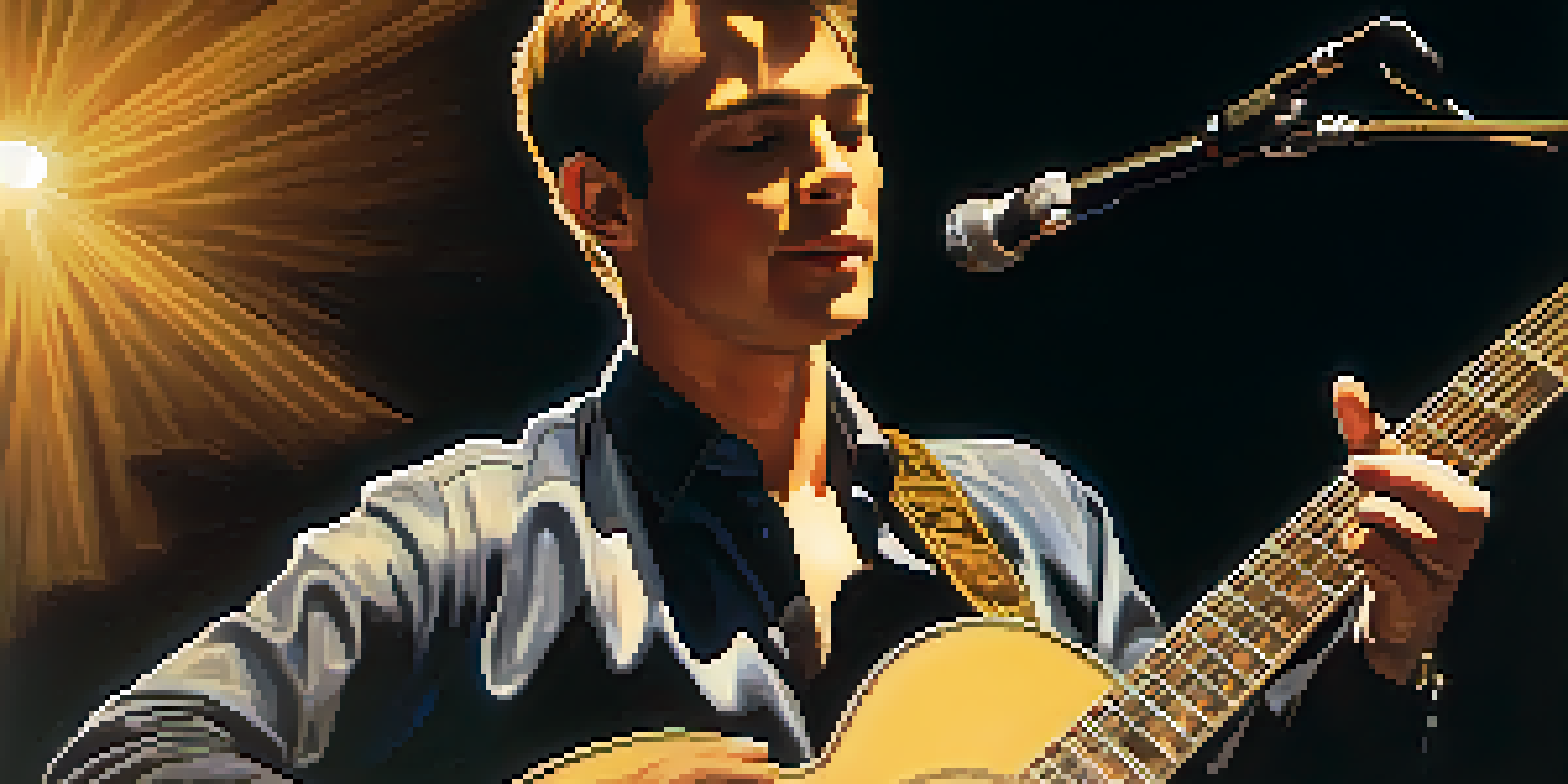 A guitarist on stage with a vintage acoustic guitar, illuminated by a spotlight, looking focused and calm, with a smile, while the audience watches in the background.