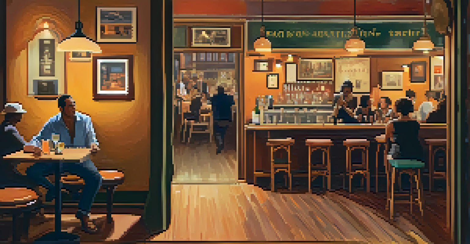 A cozy café with warm lighting, featuring a musician playing guitar and vintage Bossa Nova posters, creating an intimate ambiance.