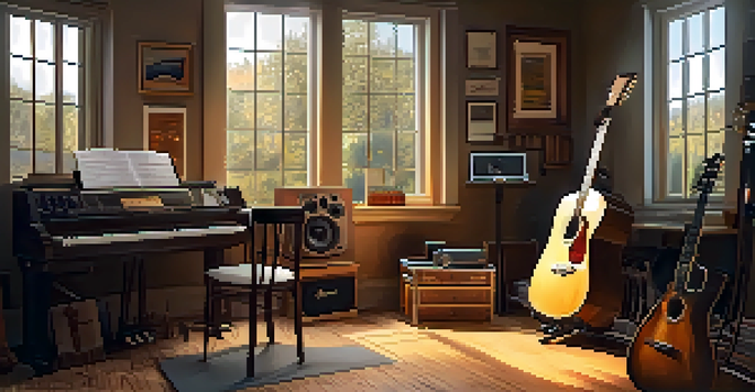 A warm and inviting home music studio with various guitars on the walls and a comfortable chair, illuminated by soft ambient light.