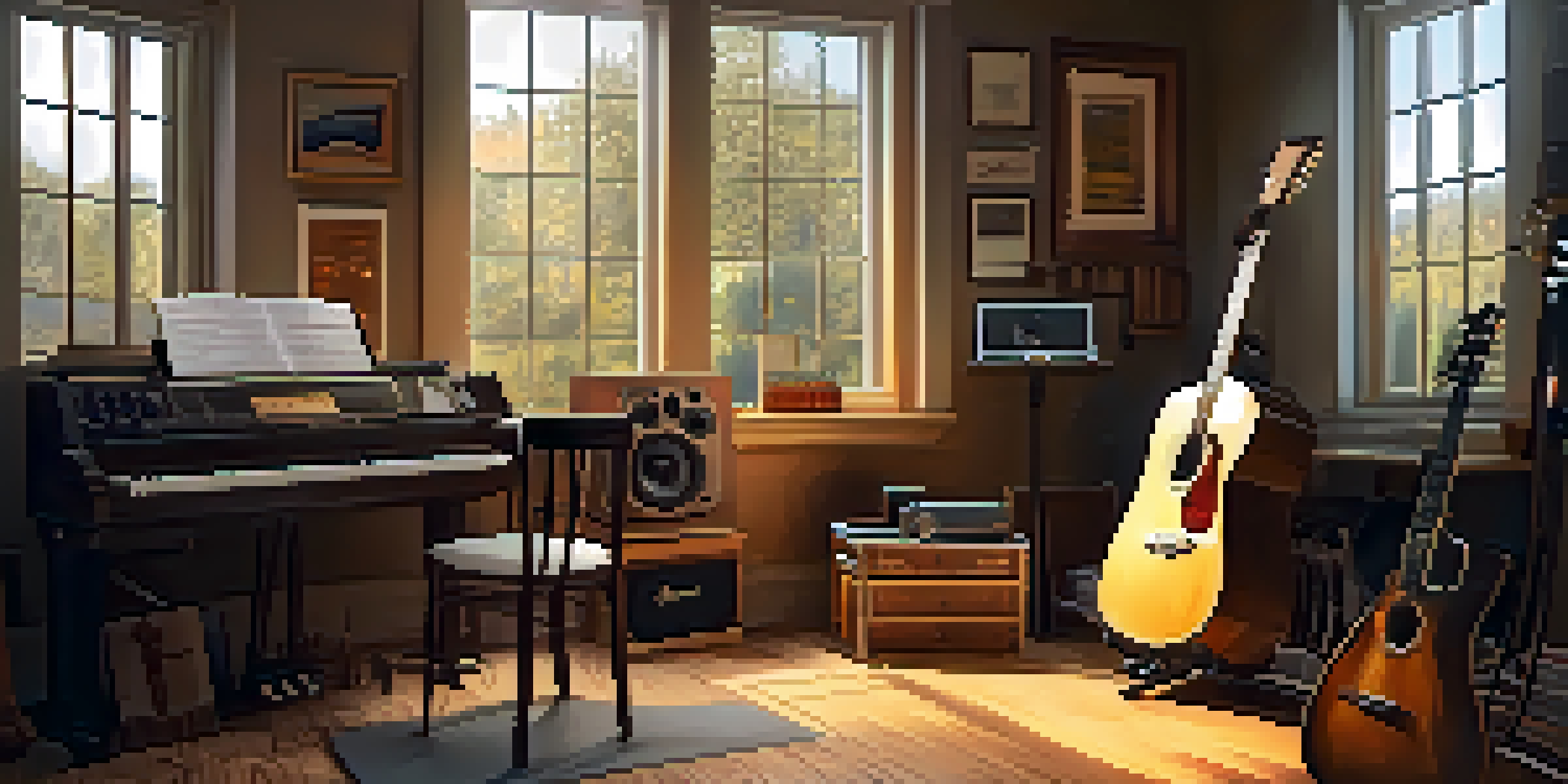 A warm and inviting home music studio with various guitars on the walls and a comfortable chair, illuminated by soft ambient light.