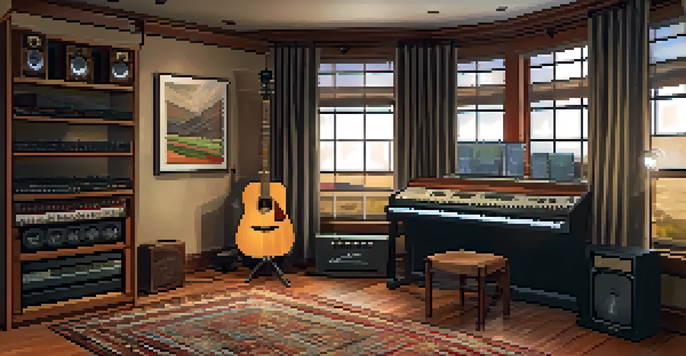 A cozy home recording studio with a guitar, microphone, and natural elements like rugs and curtains, illuminated by warm lighting.