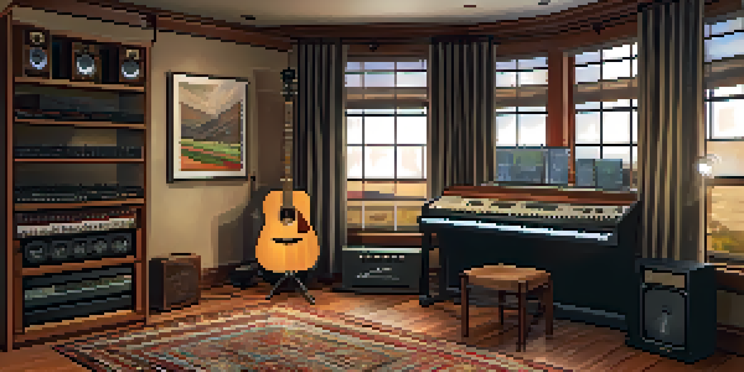 A cozy home recording studio with a guitar, microphone, and natural elements like rugs and curtains, illuminated by warm lighting.