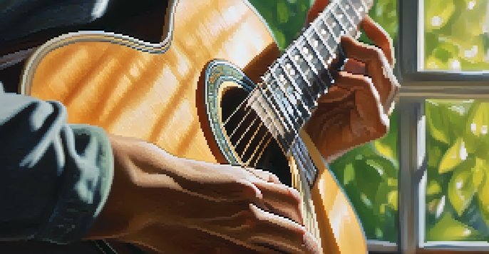 A close-up of a guitarist's fingers playing an acoustic guitar with sunlight streaming through a window, creating a warm glow.