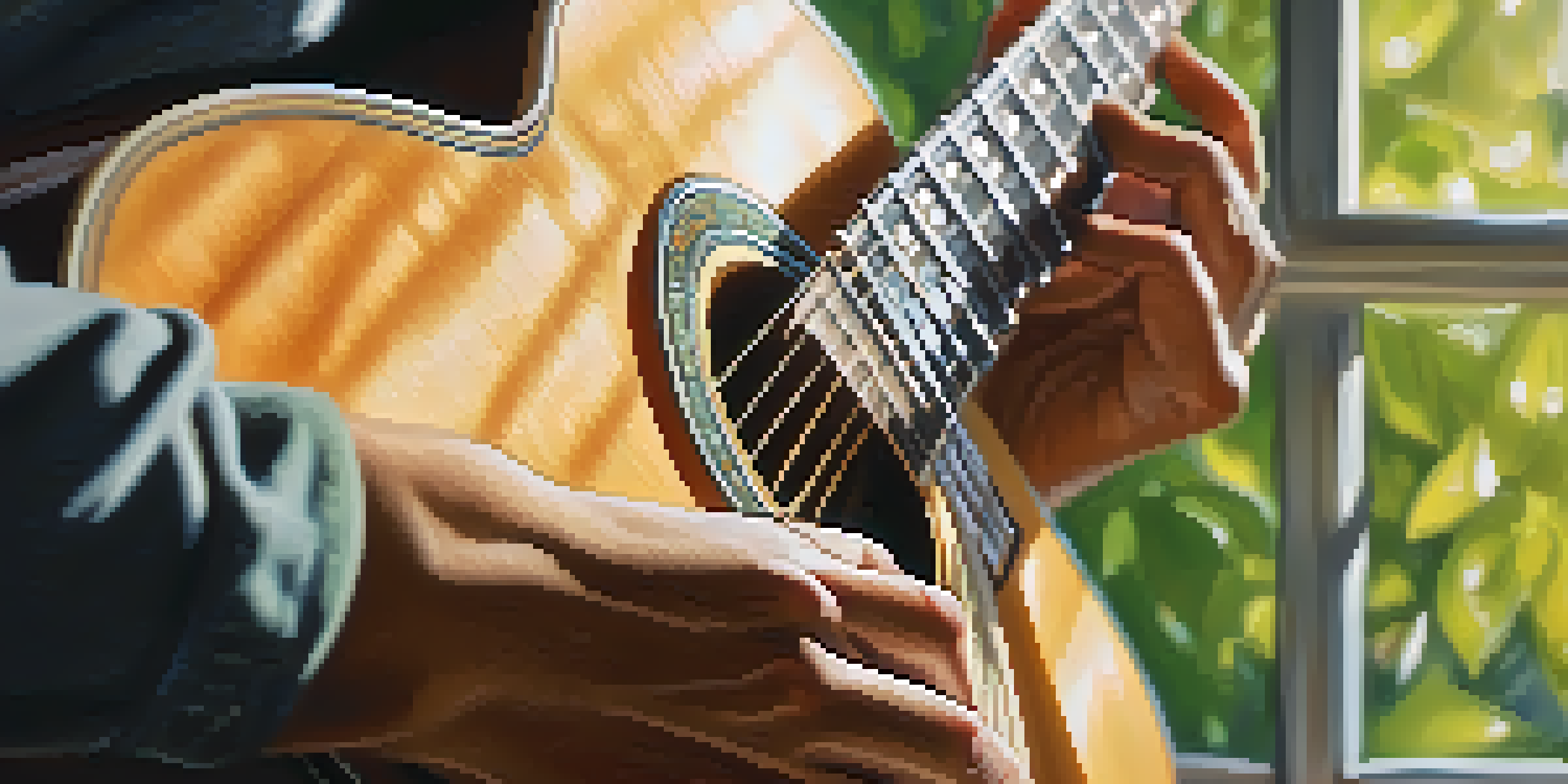 A close-up of a guitarist's fingers playing an acoustic guitar with sunlight streaming through a window, creating a warm glow.