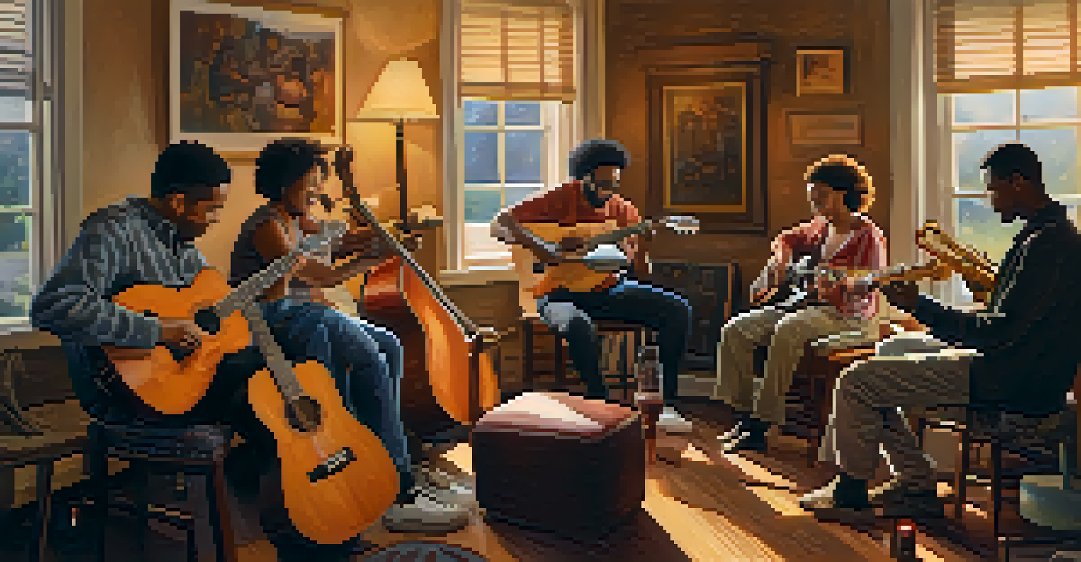 A group of musicians jamming together in a cozy room, with a guitarist improvising a melody.
