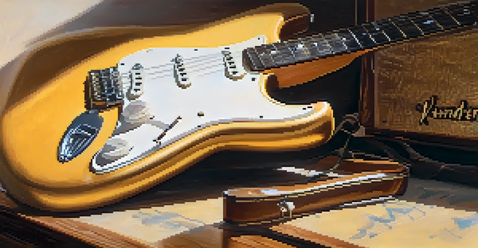 Close-up of a Fender Stratocaster guitar against a wooden amplifier, illuminated by soft golden light.