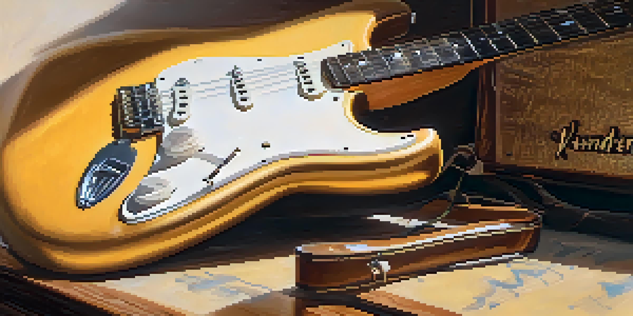 Close-up of a Fender Stratocaster guitar against a wooden amplifier, illuminated by soft golden light.