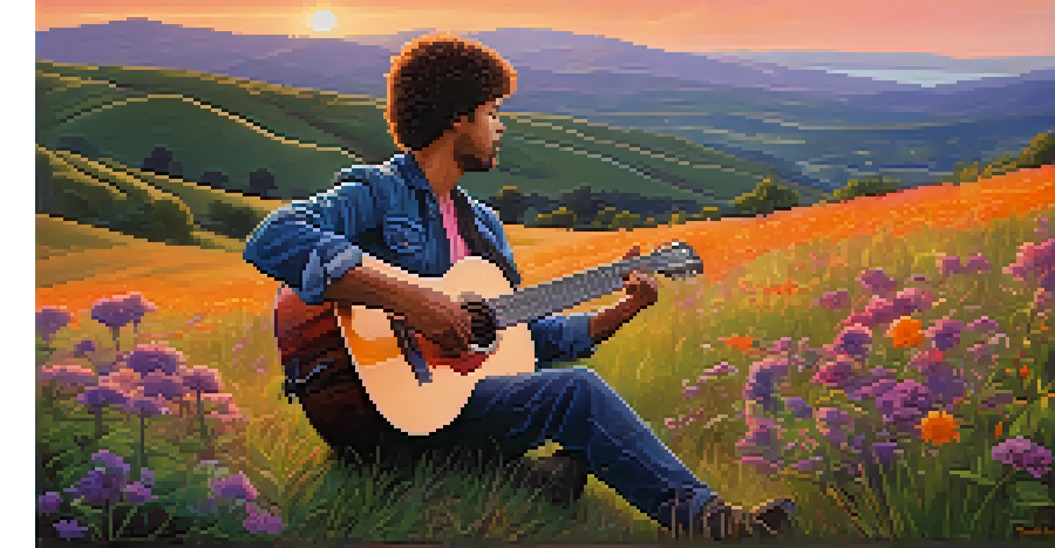 A guitarist playing on a hill at sunset, surrounded by colorful skies and a serene landscape.