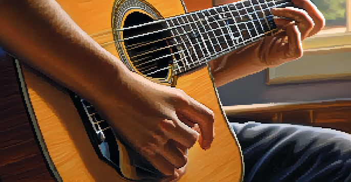 A close-up of a hand skillfully playing fingerstyle guitar, showcasing finger placements on the strings with warm lighting and a cozy background.