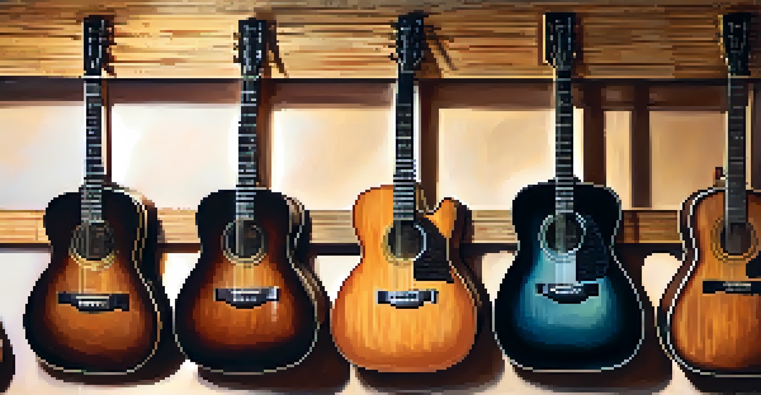 An artistic display of used guitars hanging on a wall in a cozy music shop, highlighting their textures and colors.
