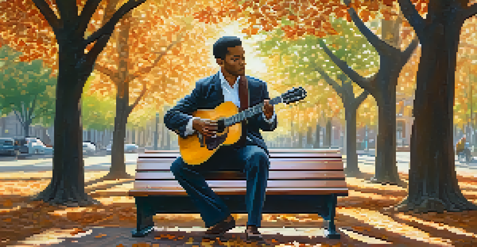 A jazz guitarist sitting on a park bench in autumn, playing his guitar with sunlight filtering through the trees.