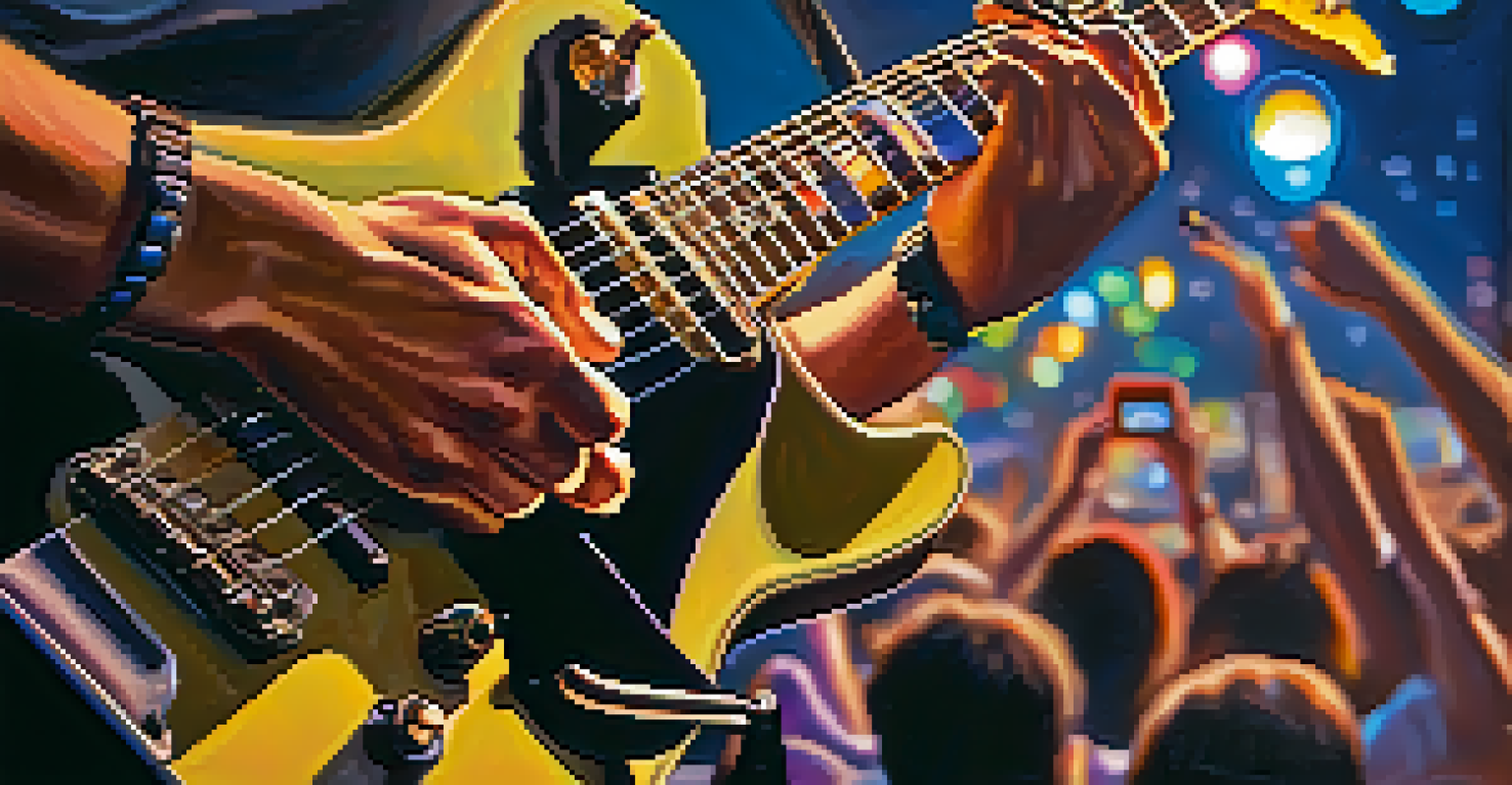 A close-up of hands strumming a guitar against a blurred background of a vibrant music festival.