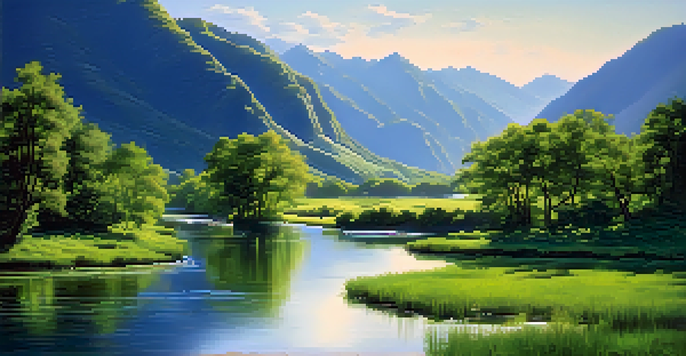 A peaceful landscape featuring a river in a green valley with mountains and a clear sky.