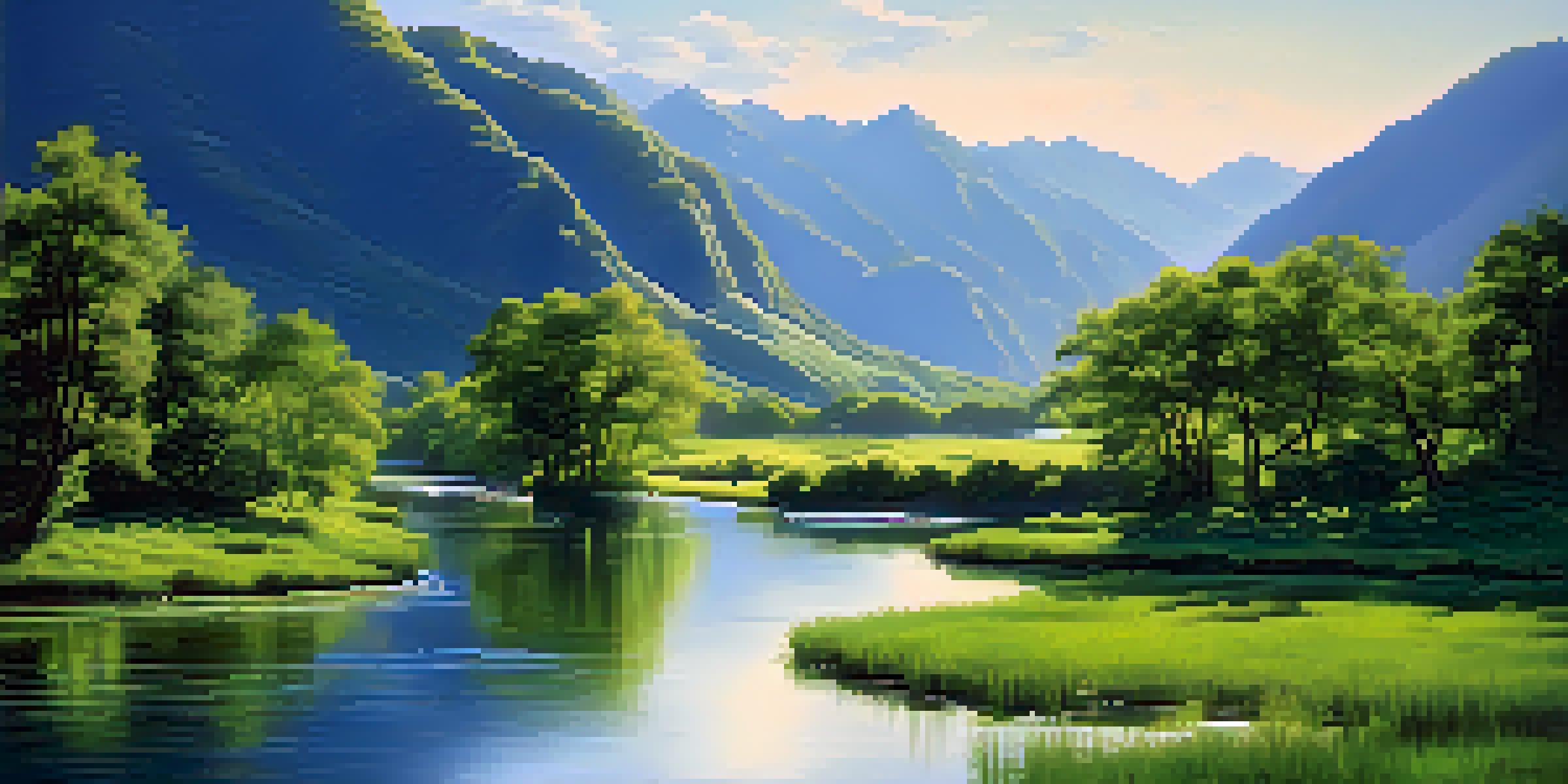 A peaceful landscape featuring a river in a green valley with mountains and a clear sky.