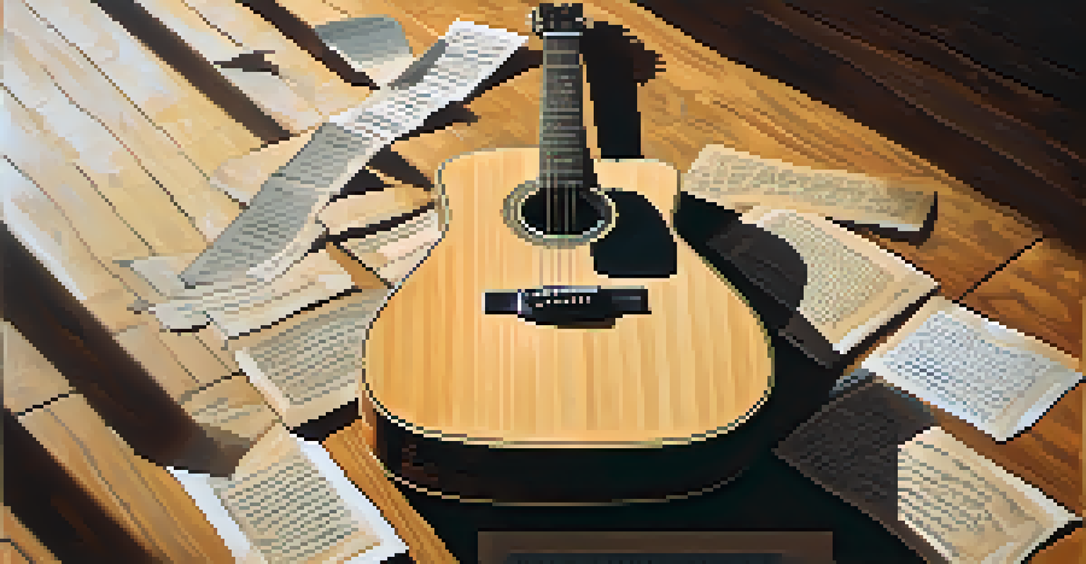 A close-up of an acoustic guitar on a stage, surrounded by handwritten protest signs advocating for civil rights.