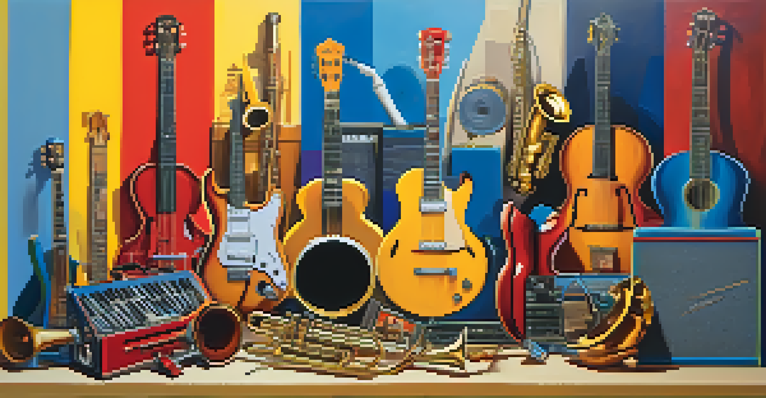 A colorful collage of musical instruments including a guitar, drums, and saxophone, representing various genres.