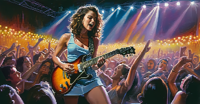 A female guitarist performing on stage with an electric guitar, surrounded by an enthusiastic audience and colorful lights.