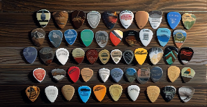 A collection of guitar picks made from different materials displayed on a wooden surface, with soft lighting accentuating their textures.