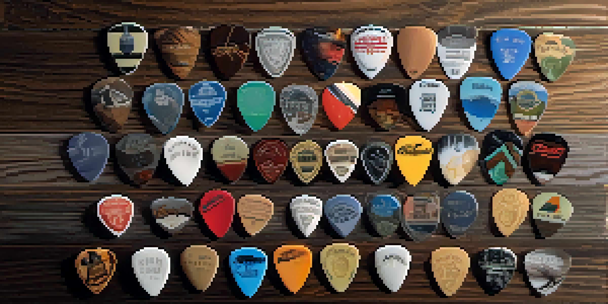 A collection of guitar picks made from different materials displayed on a wooden surface, with soft lighting accentuating their textures.