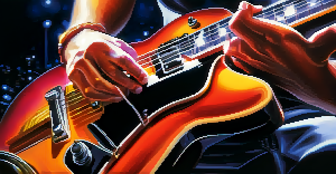 A guitarist's hands playing an electric guitar with bright stage lights in the background.