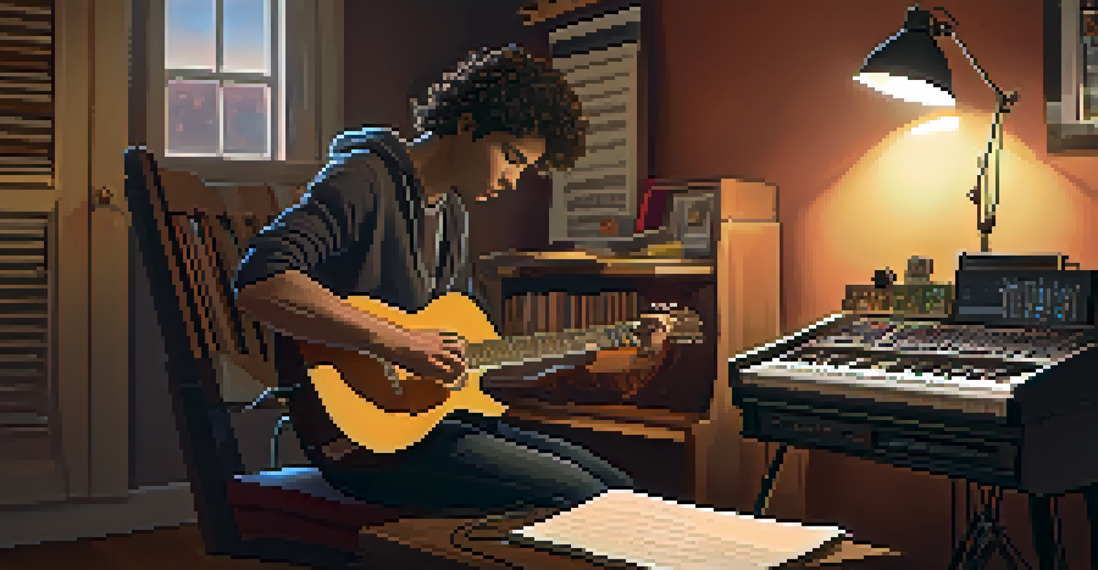 A guitarist playing in a cozy home studio, with a laptop displaying music software and warm lighting.