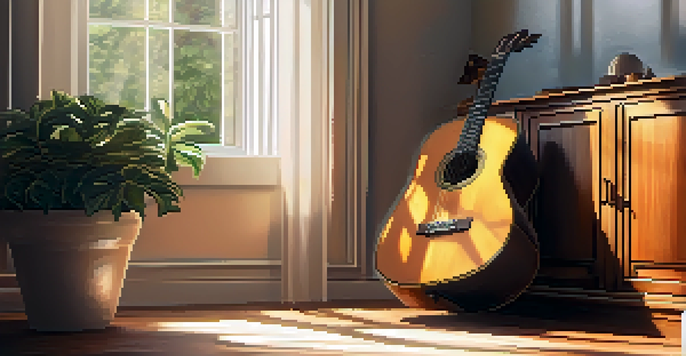 An acoustic guitar leaning against a wooden chair, bathed in warm sunlight with shadows on the wall and potted plants nearby.