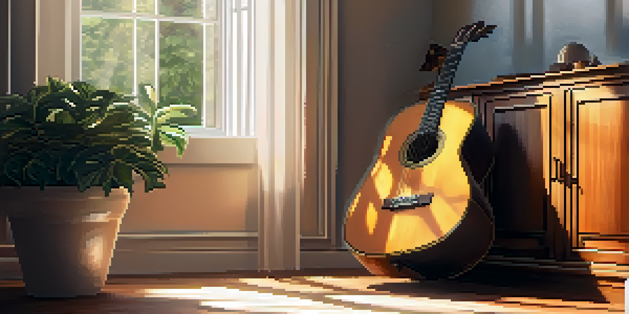 An acoustic guitar leaning against a wooden chair, bathed in warm sunlight with shadows on the wall and potted plants nearby.