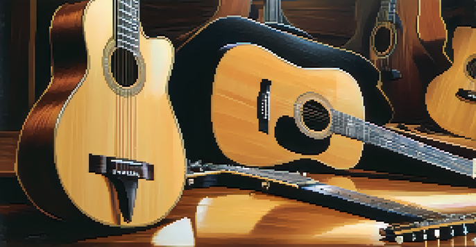 A close-up view of different acoustic guitar body shapes on a wooden table, including dreadnought, concert, and parlor guitars, with soft natural lighting.