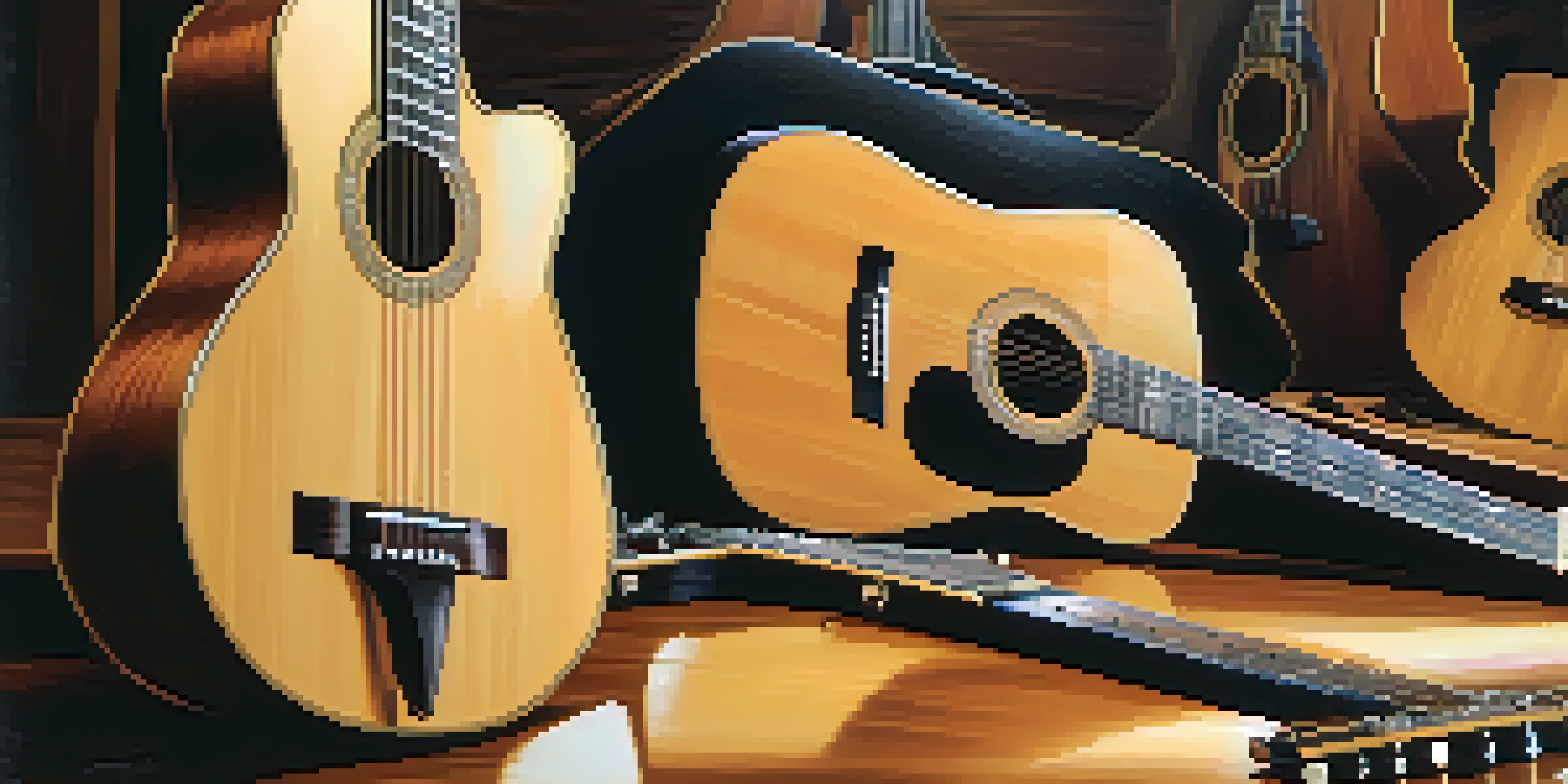 A close-up view of different acoustic guitar body shapes on a wooden table, including dreadnought, concert, and parlor guitars, with soft natural lighting.