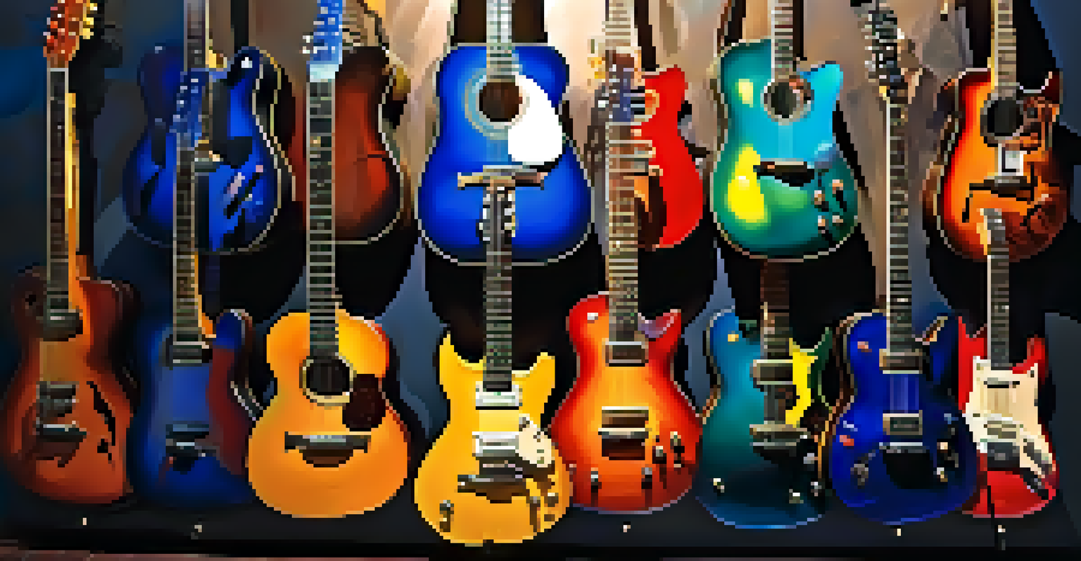 A wall displaying a variety of unique guitars, each with distinct designs and colors, illuminated by soft spotlights against a deep blue backdrop.