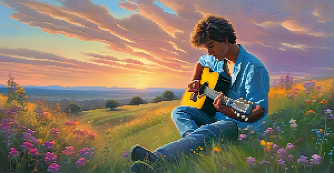 A guitarist on a grassy hill under a colorful sunset, surrounded by wildflowers.