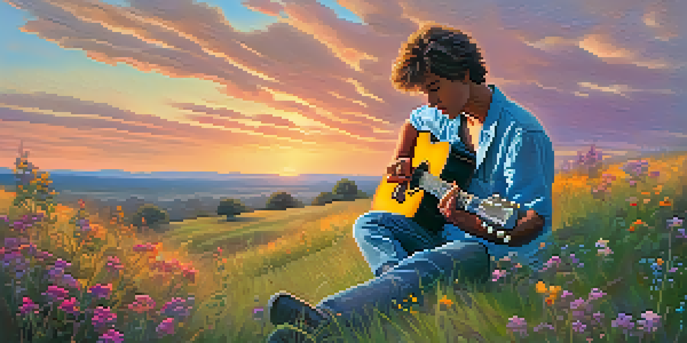 A guitarist on a grassy hill under a colorful sunset, surrounded by wildflowers.