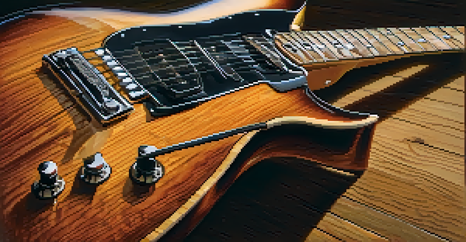 A polished electric guitar with a maple body and detailed fretboard in a rustic setting, illuminated by natural light.