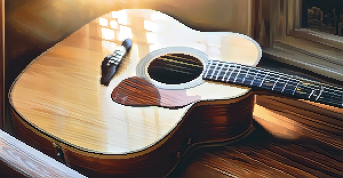 A close-up of an acoustic guitar on a wooden table with sunlight highlighting its details, and blurred sheet music in the background.