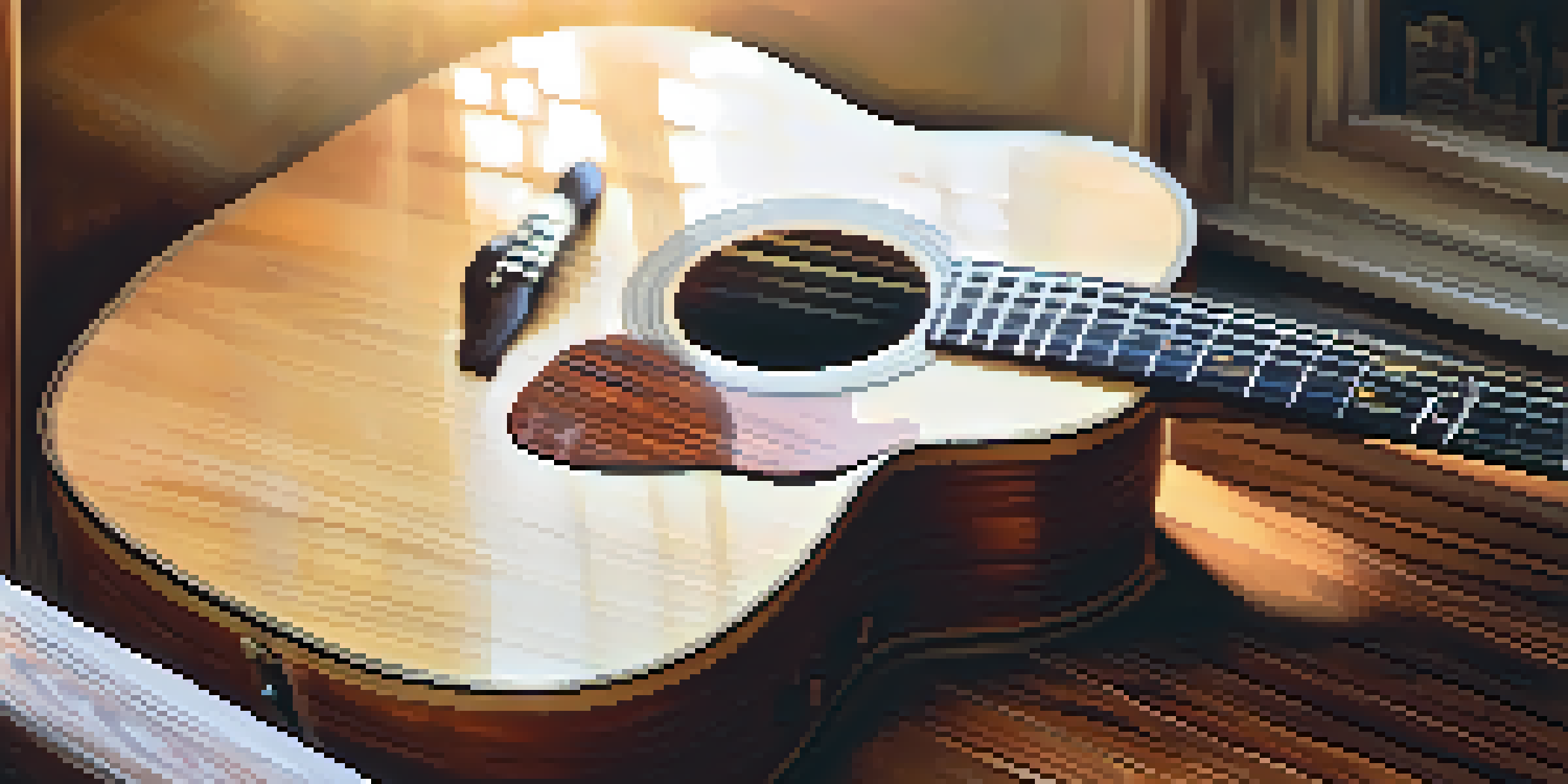 A close-up of an acoustic guitar on a wooden table with sunlight highlighting its details, and blurred sheet music in the background.
