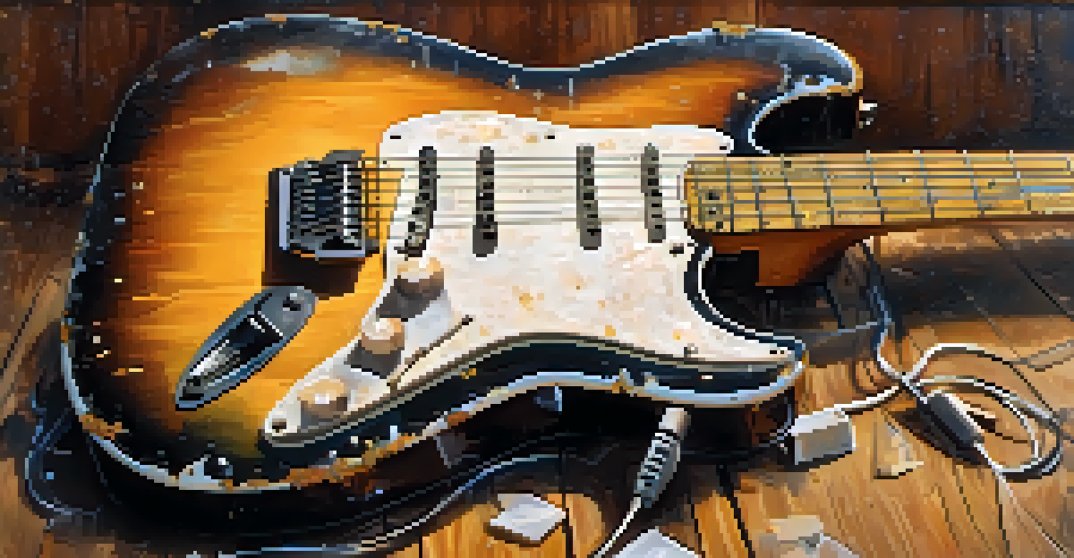 A close-up of a vintage electric guitar with distortion pedals, highlighting its textures and history.