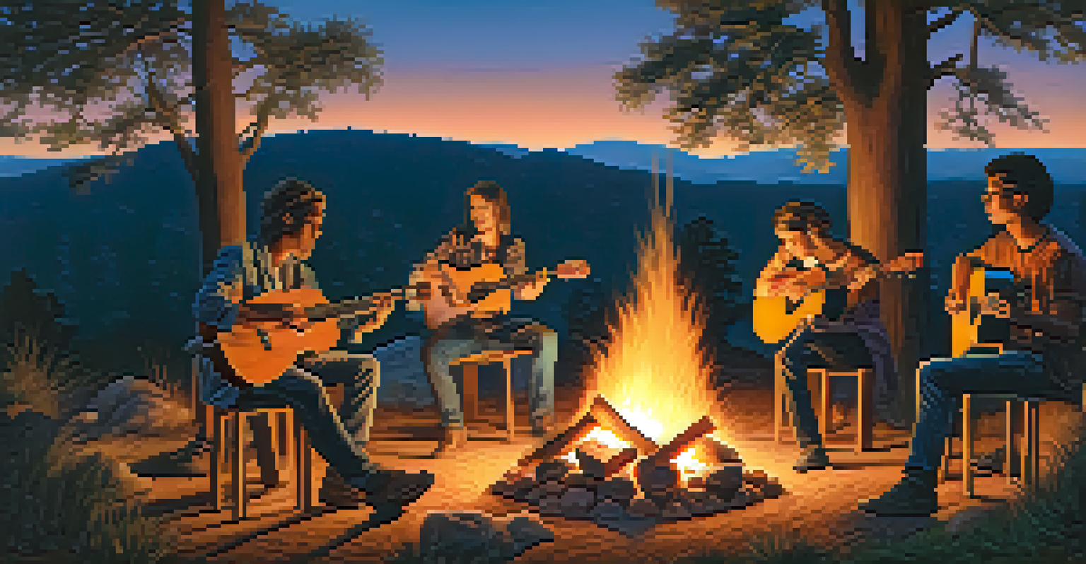 A diverse group of musicians playing guitars around a campfire at dusk, with warm firelight illuminating their faces.