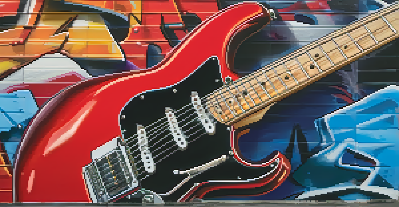 An electric guitar against a colorful graffiti wall, showcasing its modern design and shiny surface.