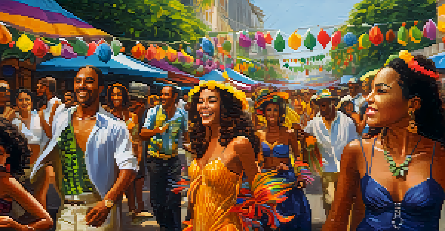 A lively street festival in Rio de Janeiro with musicians and dancers celebrating Bossa Nova.