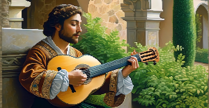 A Renaissance musician playing a lute in a sunny courtyard surrounded by greenery.