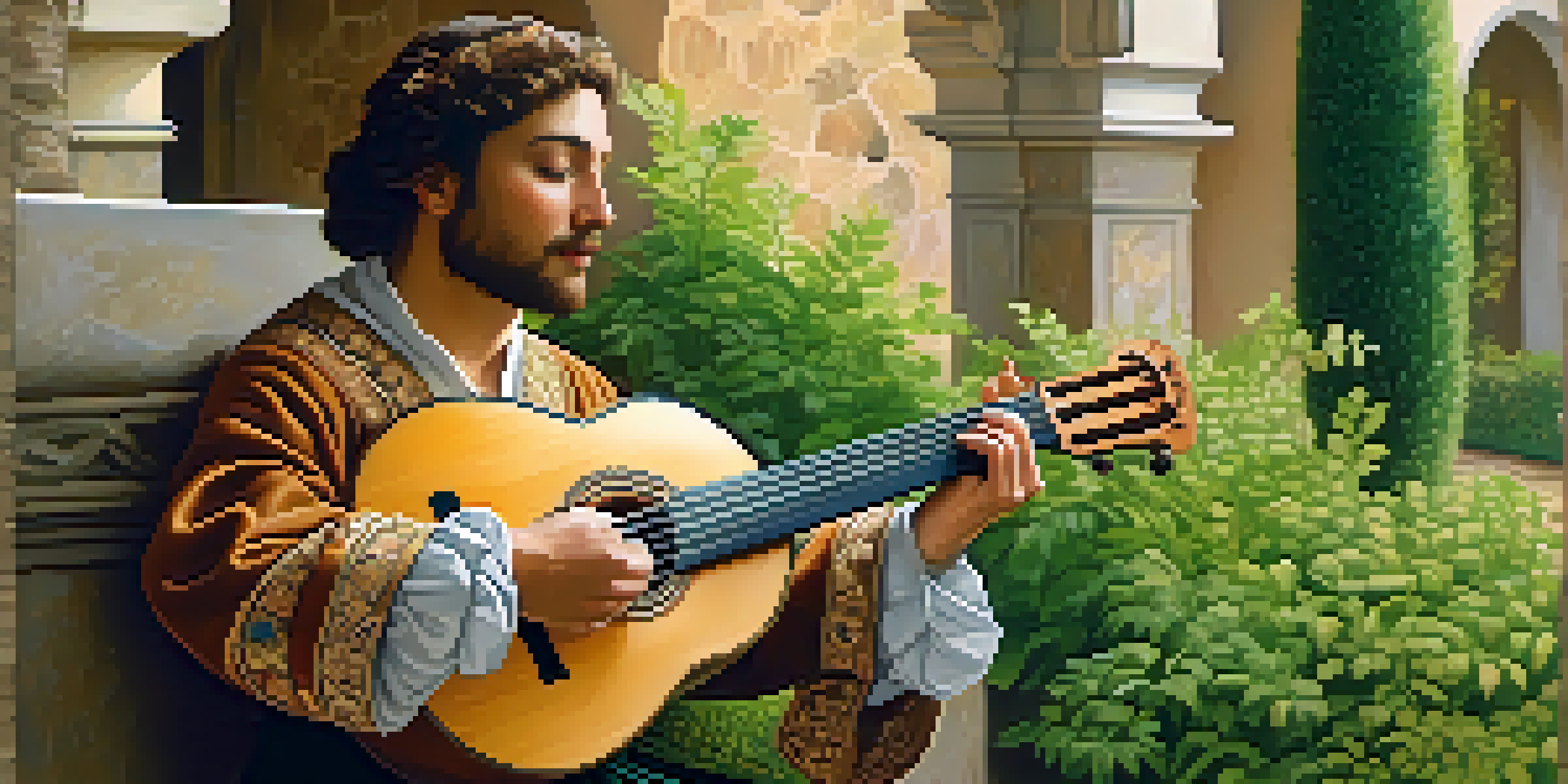 A Renaissance musician playing a lute in a sunny courtyard surrounded by greenery.