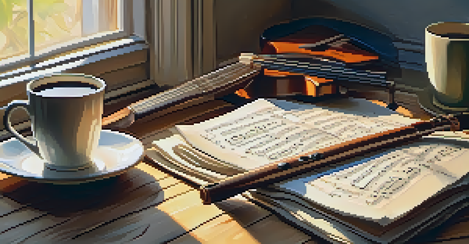 A music sheet on a wooden table with a guitar, metronome, and coffee, illuminated by soft sunlight.