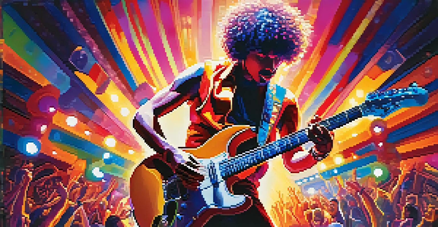 A guitarist in a colorful outfit performing on stage with dynamic lighting and an excited crowd.