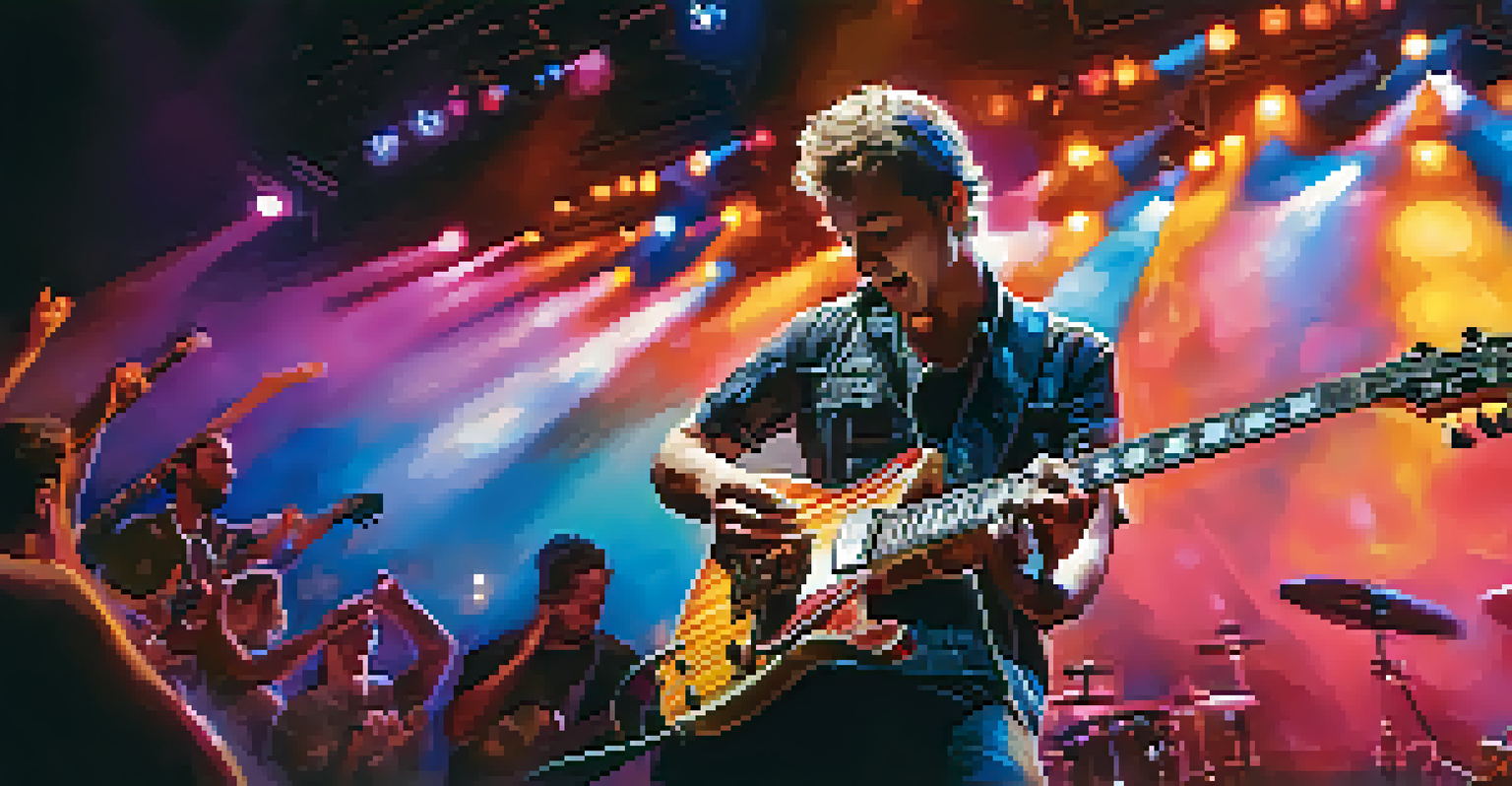 An artist performing with the PRS SE Custom 24 electric guitar on stage, surrounded by colorful lights and an engaged audience.