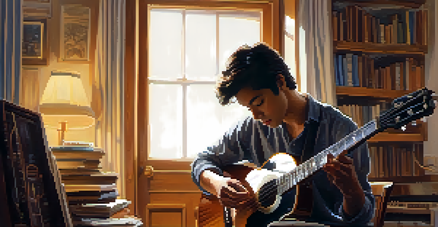 A musician practicing scales on an electric guitar with a metronome in a cozy room filled with musical notes.