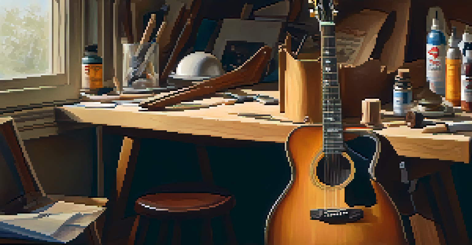 An artist's workspace showing a guitar neck repair in progress with tools and warm lighting.